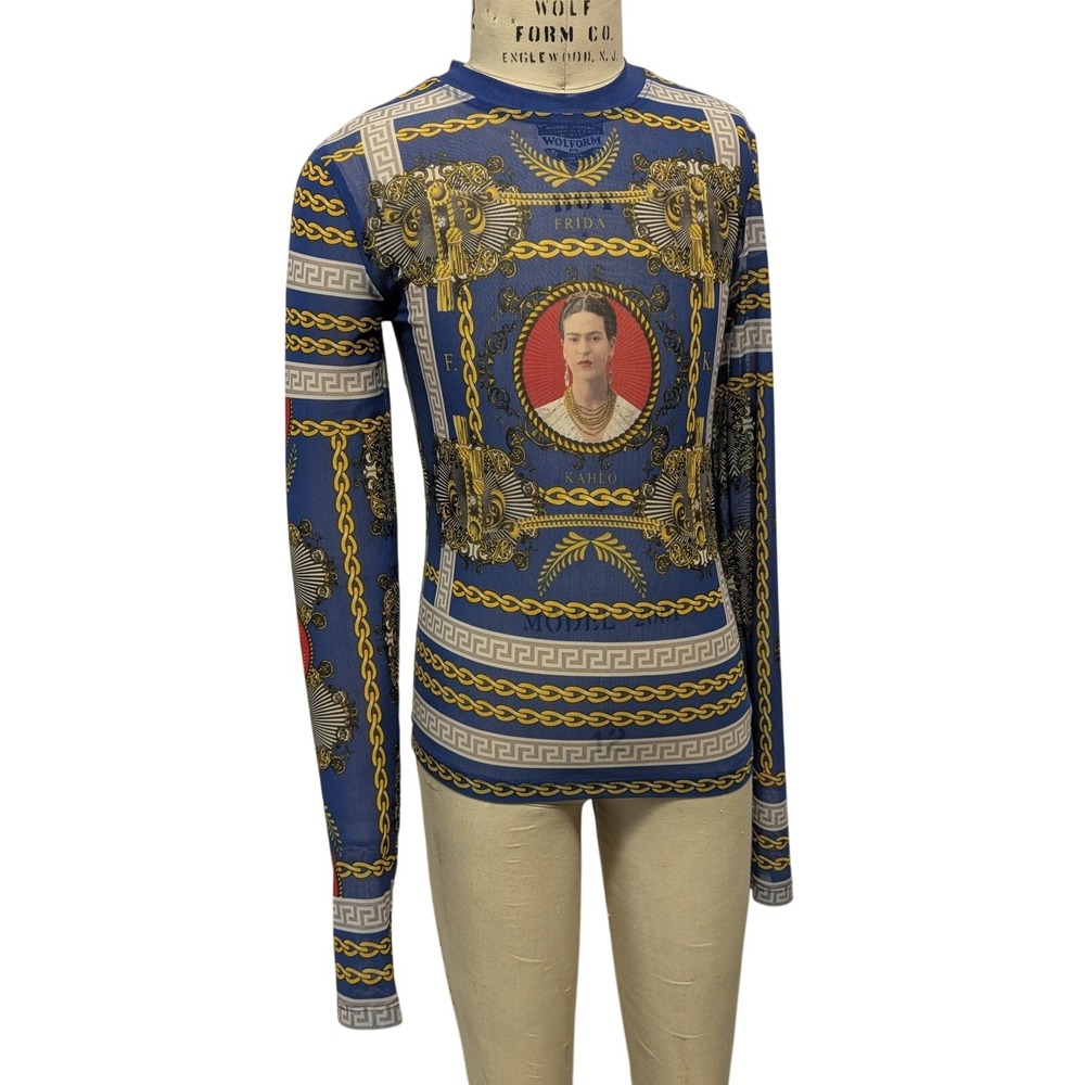 SM Frida Kahlo Mesh Long Sleeve Top Blue Gold Chain Baroque Graphic Print